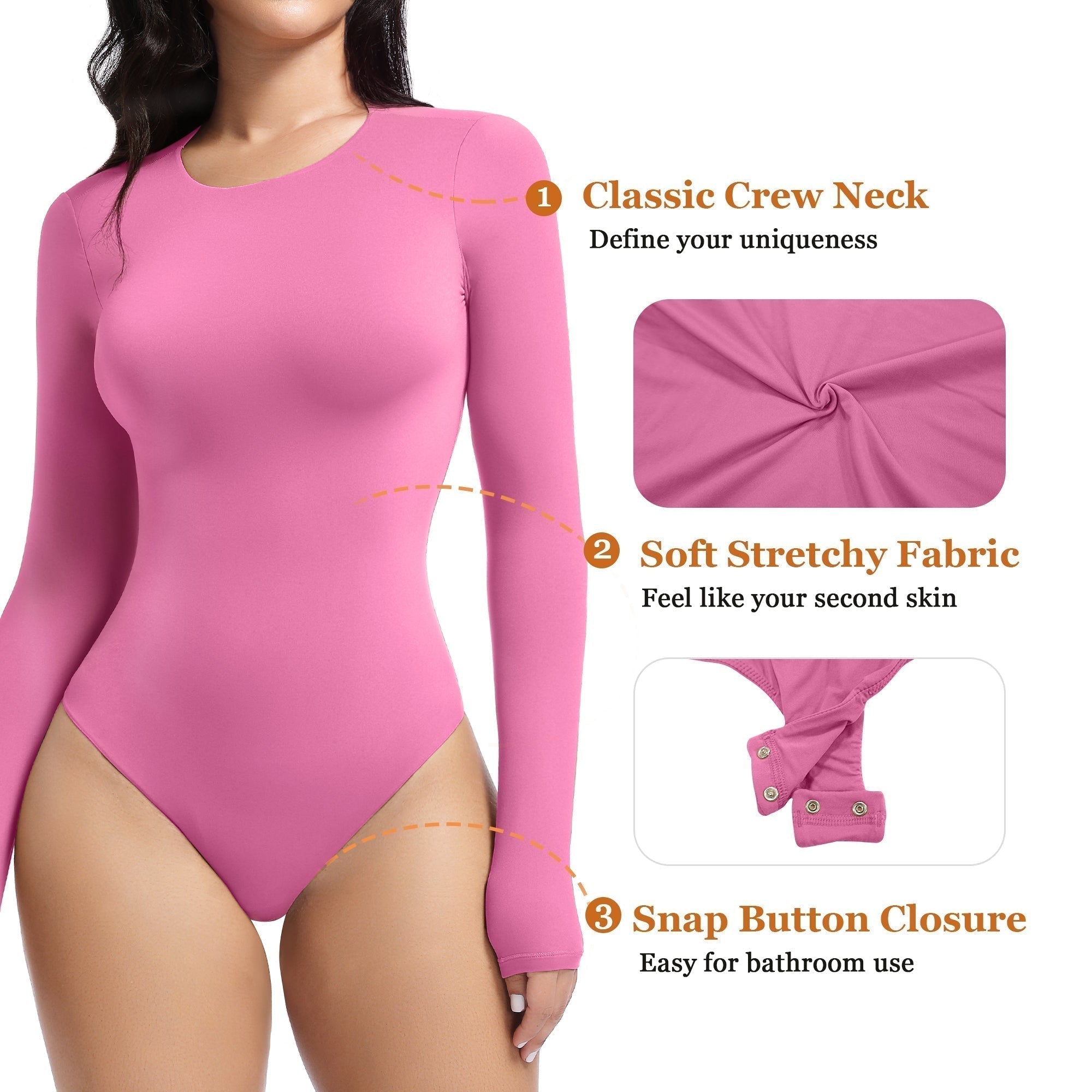 YIANNA Long Sleeve Bodysuit for Women Crew Neck Second-skin Feel Thong Body Suits Tops