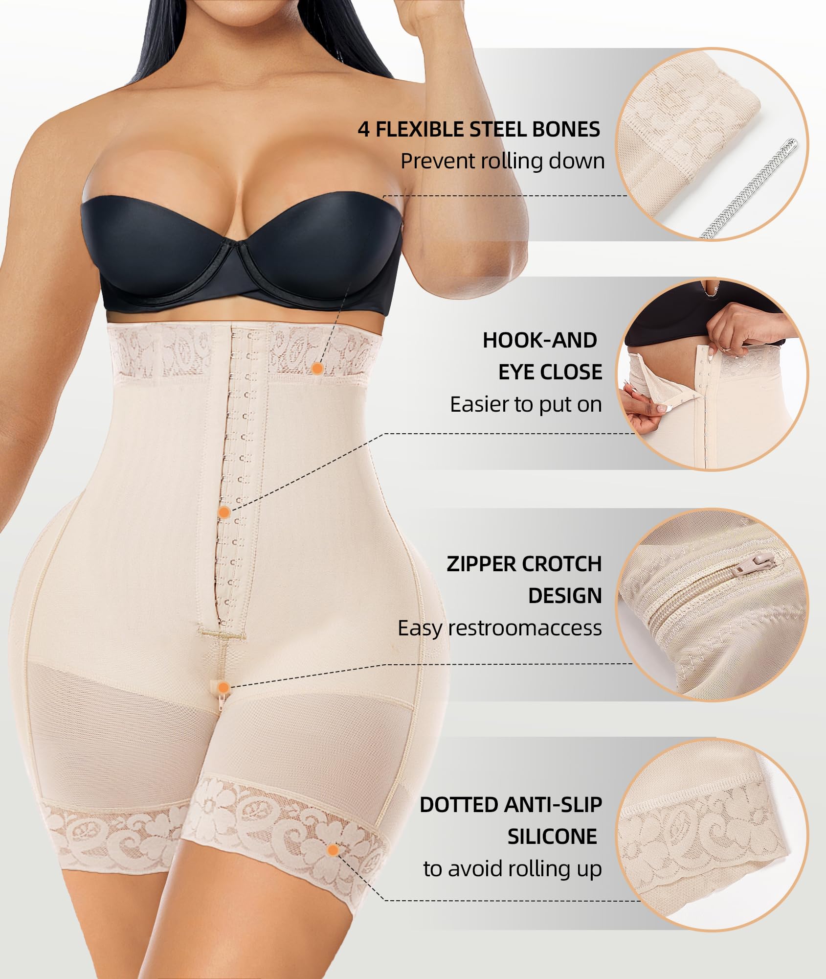 YIANNA Tummy Control Shapewear for Women Fajas Colombianas Body Shaper Shorts with Zipper Crotch